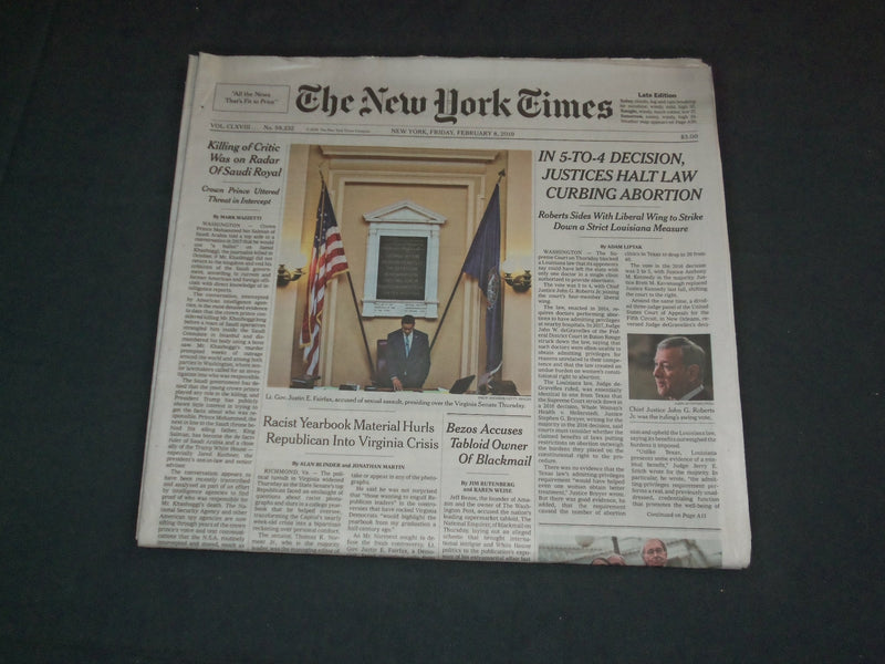 2019 FEBRUARY 8 NEW YORK TIMES -SUPREME COURT JUSTICES HALT LAW CURBING ABORTION