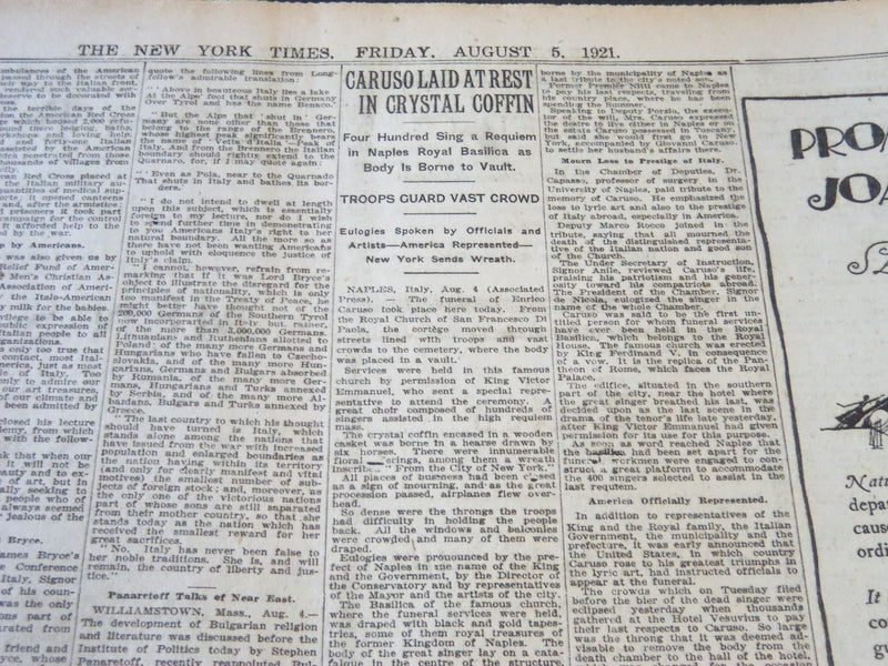 1921 AUG 5 NEW YORK TIMES - CARUSO'S WIDOW WANTS ESTATE GO TO GLORIA - NT 6484