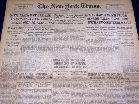 1938 SEPTEMBER 2 NEW YORK TIMES - HITLER BARS CZECH TRUCE - NT 3117