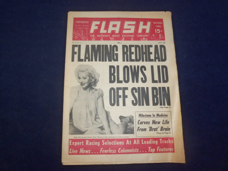 1966 APRIL 9 FLASH NEWSPAPER - FLAMING REDHEAD BLOWS LID OFF SIN BIN - NP 6964