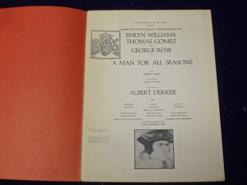 1960'S A MAN FOR ALL SEASONS SOUVENIR SHOW PROGRAM - EMLYN WILLIAMS - J 5019