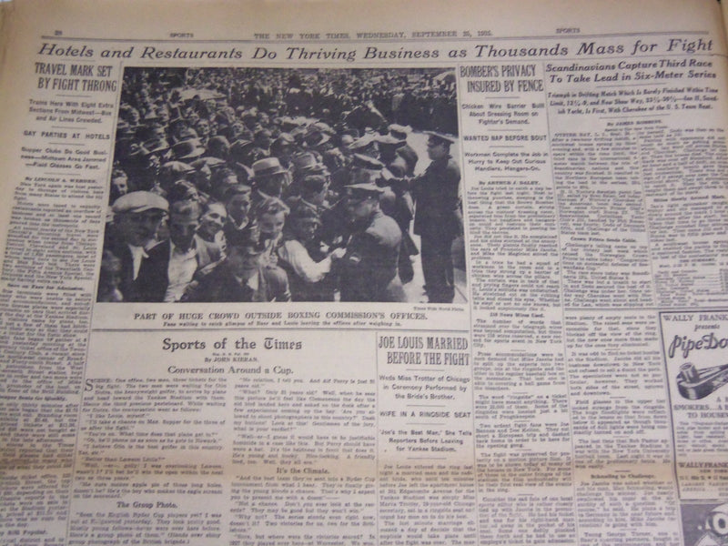 1935 SEPT 25 NEW YORK TIMES - LOUIS STOPS BAER IN 4TH AT STADIUM - NT 1922