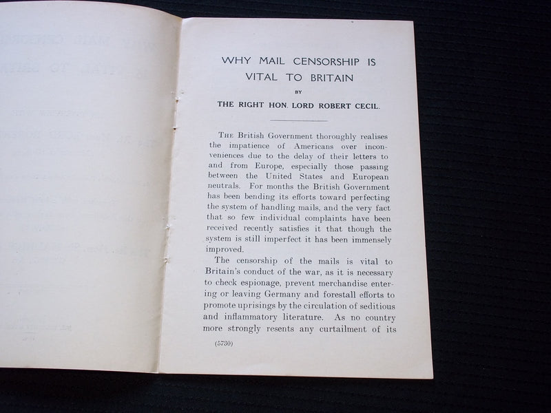1916 WHY MAIL CENSORSHIP IS VITAL TO BRITAIN SOFTCOVER BOOK BY CECIL - J 7161