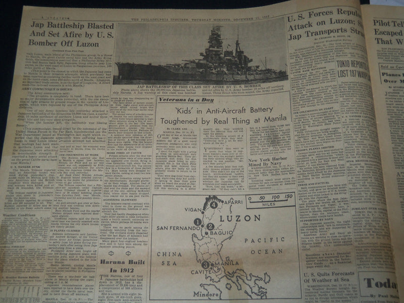 1941 DEC 11 PHILADELPHIA INQUIRER NEWSPAPER - JAP BATTLE SHIP ON FIRE - NT 7510