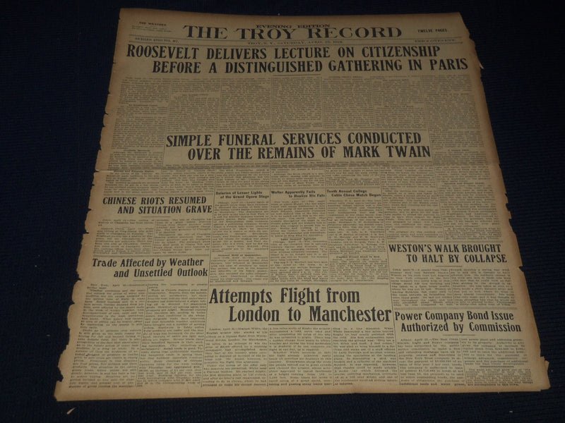 1910 APRIL 23 TROY RECORD - SIMPLE FUNERAL SERVICES FOR MARK TWAIN - NT 9573