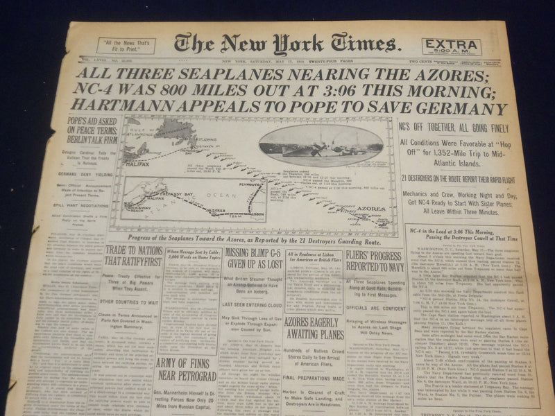 1919 MAY 17 NEW YORK TIMES - ALL 3 SEAPLANES NEARING THE AZORES - NT 9250