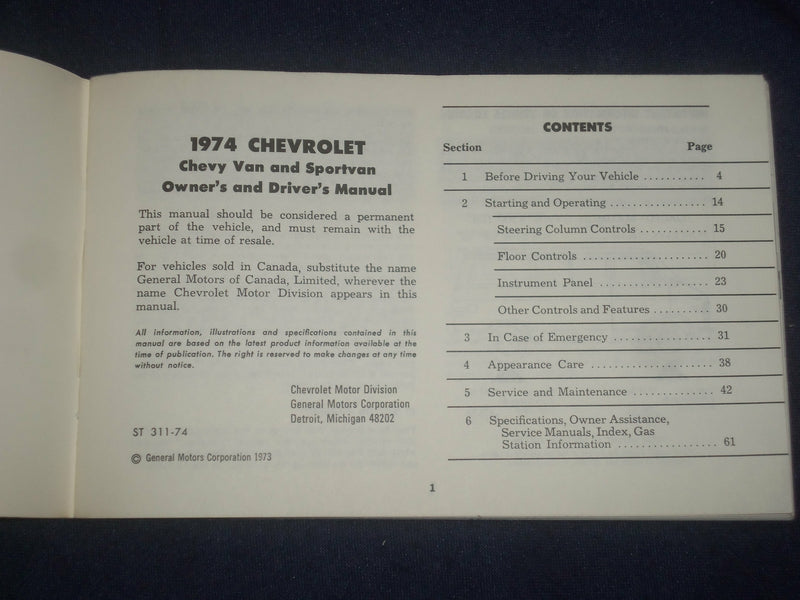 1974 CHEVROLET VAN OWNER'S MANUAL & PAMPHLETS - J 6435