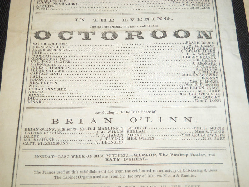 1869 BOSTON THEATRE PROGRAMS LOT OF 2 - THE EMERALD RING - PEARL SAVOY - J 5340