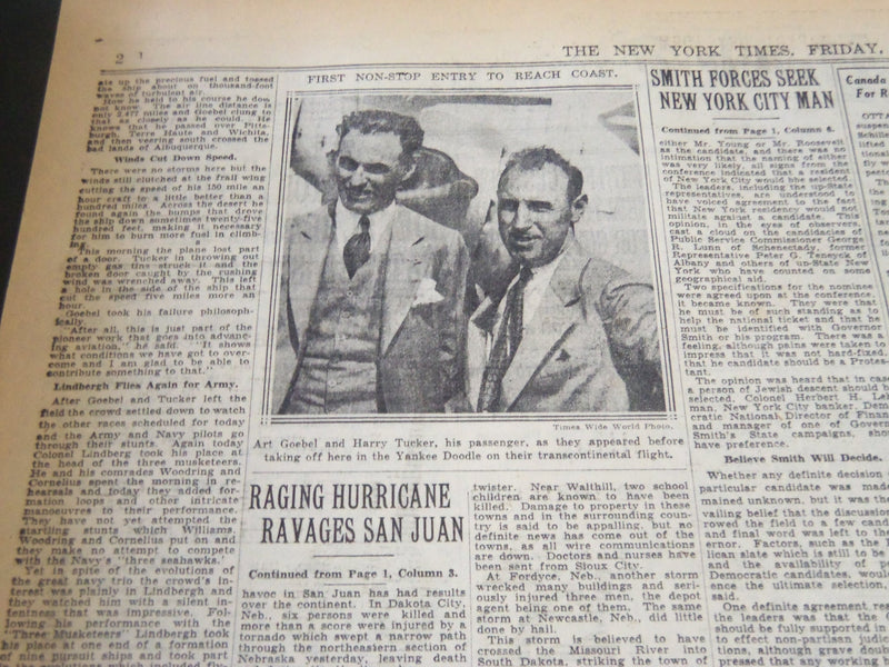 1928 SEPT 14 NEW YORK TIMES - ALL NON-STOP FLIERS DOWN, GOEBEL REACHES - NT 6442
