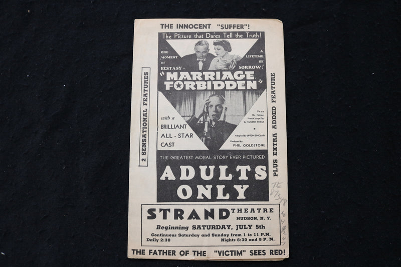 1937 MARRIAGE FORBIDDEN MOVIE PROGRAM - STRAND THEATRE - HUDSON, NY - K 1853