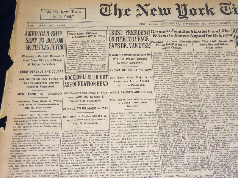 1916 NOV 29 NEW YORK TIMES - ROCKEFELLER JR. OUT AS FOUNDATION HEAD - NT 7717