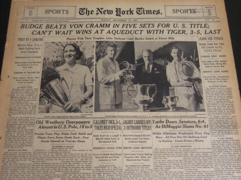 1937 SEPTEMBER 12 NEW YORK TIMES SPORTS SECTION- BUDGE BRATS VON CRAMM - NT 7007