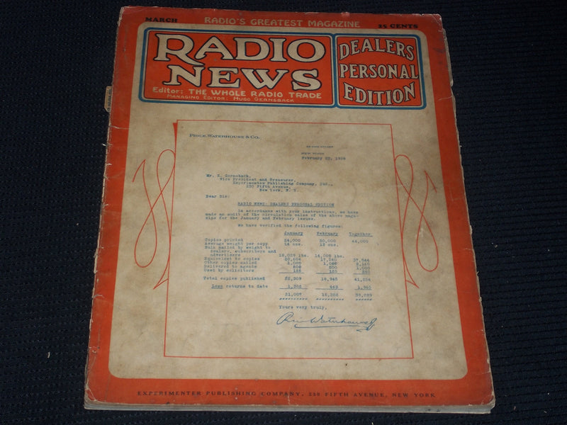1928 MARCH RADIO NEWS MAGAZINE - PRICE WATERHOUSE & CO. FRONT COVER - E 5233