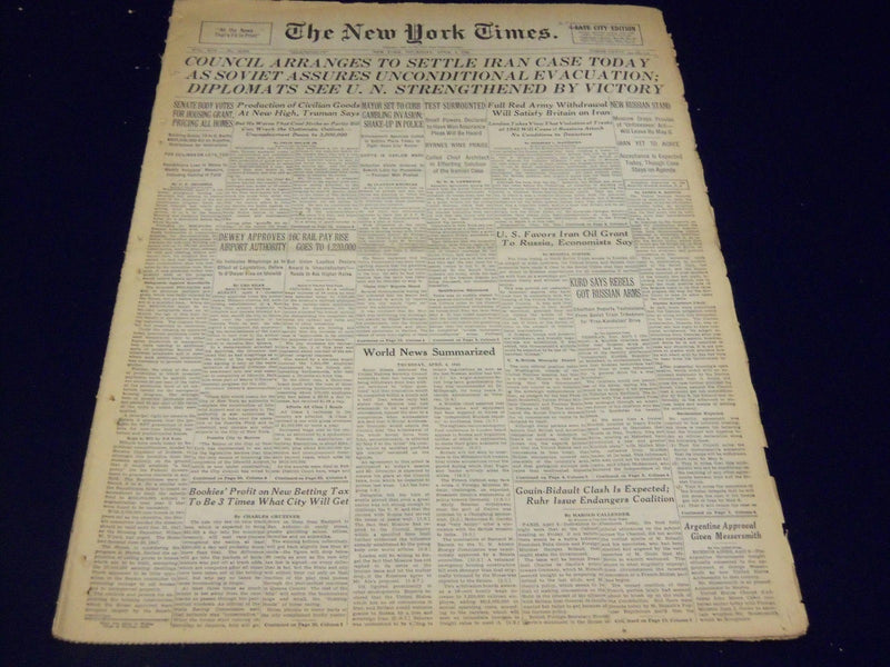 1946 APRIL 4 NEW YORK TIMES - COUNCIL ARRANGES TO SETTLE IRAN CASE TODAY- NT 851