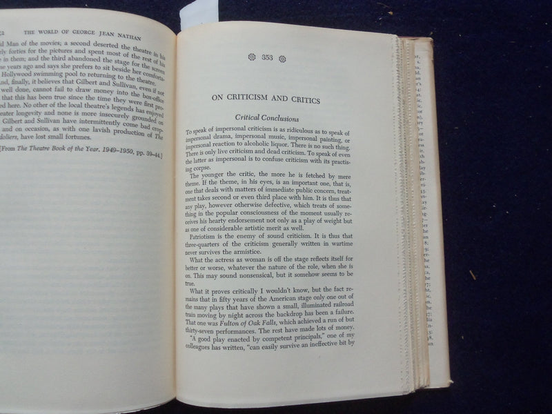 1952 THE WORLD OF GEORGE JEAN NATHAN HARDCOVER BOOK BY CHARLES ANGOFF - KD 8397