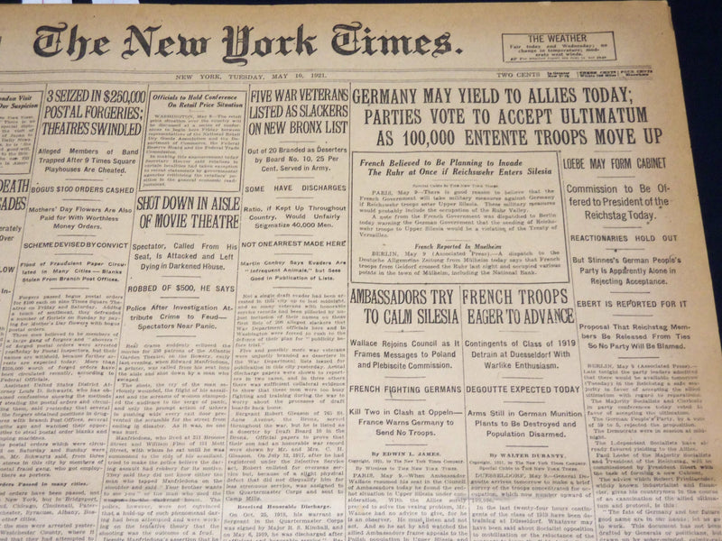 1921 MAY 10 NEW YORK TIMES - GERMANY MAY YIELD TO ALLIES TODAY - NT 7844