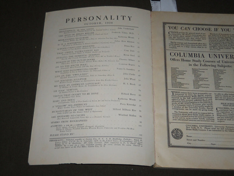 1928 OCTOBER PERSONALITY MAGAZINE OF BIOGRAPHY - MIND OF HELEN KELLER - ST 5589