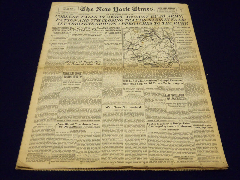 1945 MARCH 18 NEW YORK TIMES - PATTON AND 7TH CLOSING TRAP ON NAZIS - NT 274