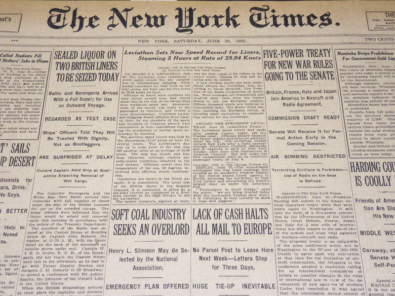 1923 JUNE 23 NEW YORK TIMES - LEVIATHAN SETS NEW SPREAD RECORD - NT 8727