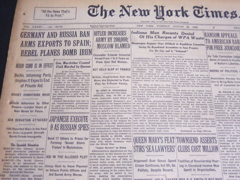 1936 AUGUST 25 NEW YORK TIMES - HITLER INCREASES ARMY BY 200,000 - NT 6876
