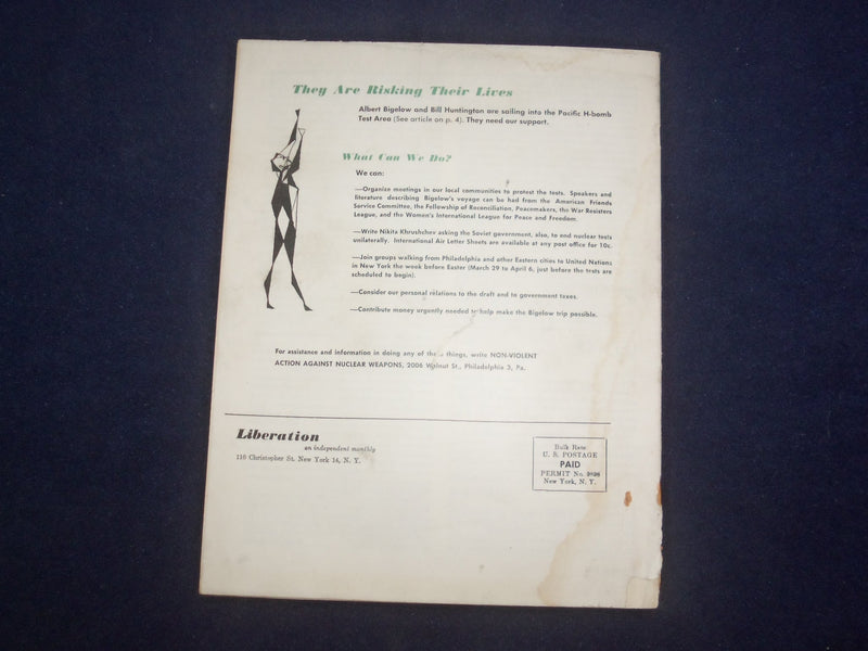 1958 FEB LIBERATION MAGAZINE-WHY I AM SAILING THIS BOAT INTO BOMB AREA - J 9739