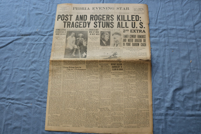 1935 AUGUST 16 PEORIA EVENING STAR NEWSPAPER - POST AND ROGERS KILLED - NP 9224