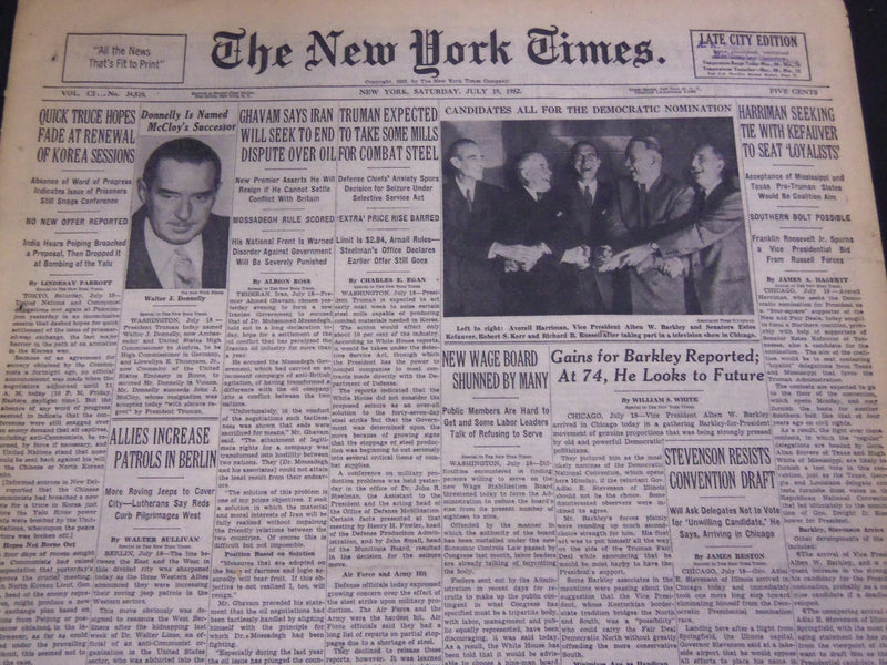 1952 JULY 19 NEW YORK TIMES - STEVENSON RESISTS CONVENTION DRAFT - NT 4499