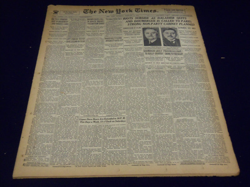 1934 FEBRUARY 8 NEW YORK TIMES - RIOTS SUBSIDE AS DALADIER QUITS - NT 1626