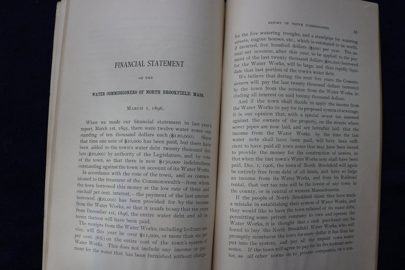 1896 BROOKLINE WATER COMMISSIONERS ANNUAL REPORT SOFTCOVER BOOK - K 797