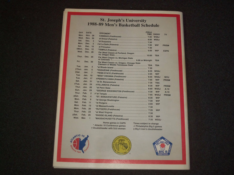 1988-1989 ST. JOSEPH'S UNIVERSITY BASKETBALL MEDIA GUIDE - ST 6352