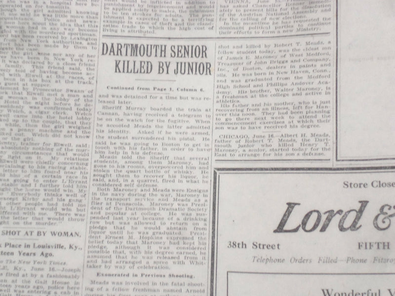 1920 JUNE 17 NEW YORK TIMES - DARTMOUTH SENIOR KILLED BY JUNIOR - NT 9129