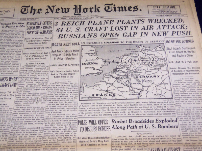 1944 JANUARY 13 NEW YORK TIMES - 3 REICH PLANE PLANTS WRECKED - NT 2591