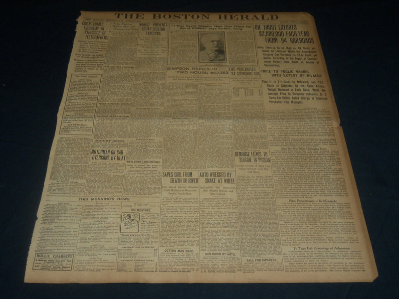 1907 AUGUST 12 THE BOSTON HERALD - OIL TRUSTS EXTORTS 94 RAILROADS - BH 224