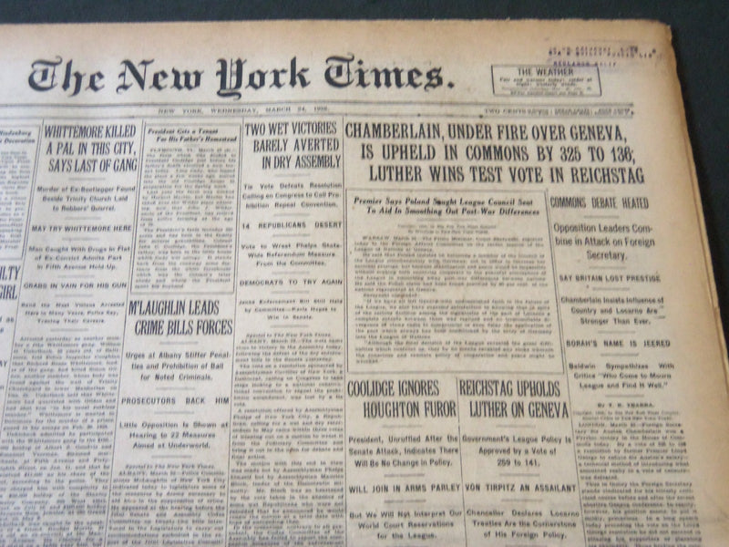 1926 MARCH 24 NEW YORK TIMES - CHAMBERLAIN IS UPHELD BY COMMONS - NT 5618