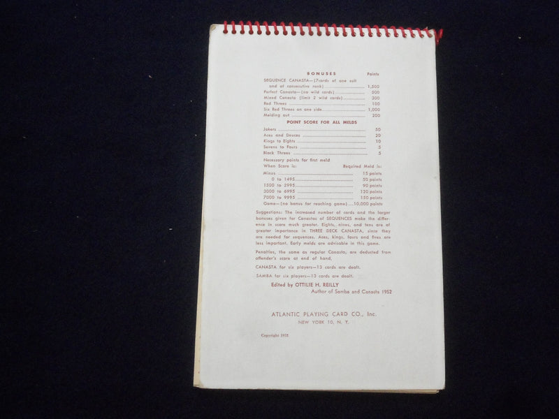 1952 SAMBA AMERICAN THREE DECK CANASTA W/RULES SOFTCOVER-94 SCORESHEETS - J 9633