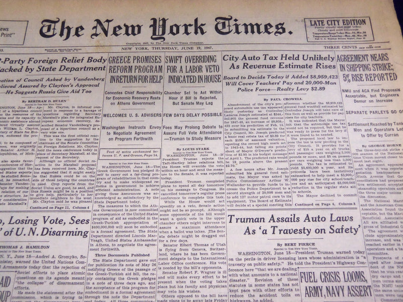 1947 JUNE 19 NEW YORK TIMES - CITY AUTO TAX UNLIKELY - NT 3419
