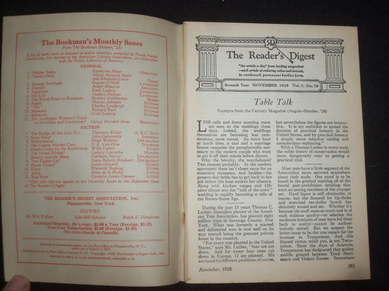1928 NOVEMBER THE READER'S DIGEST SOFTCOVER BOOK - NUMBER 79 - J 9921