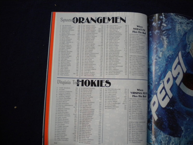 1998 NOVEMBER 14 FOOTBALL PROGRAM - SYRACUSE UNIV VS VIRGINIA TECH - SP 3624T