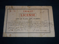 1926-1927 PLANT CITY FLORIDA BUSINESS LICENSE NO. 575 - J 8675