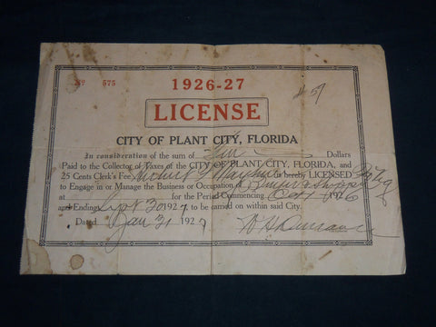 1926-1927 PLANT CITY FLORIDA BUSINESS LICENSE NO. 575 - J 8675