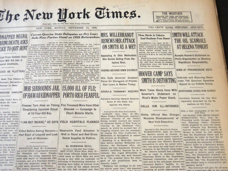 1928 SEPT 24 NEW YORK TIMES - SMITH WILL ATTACK OIL SCANDALS AT HELENA - NT 6446