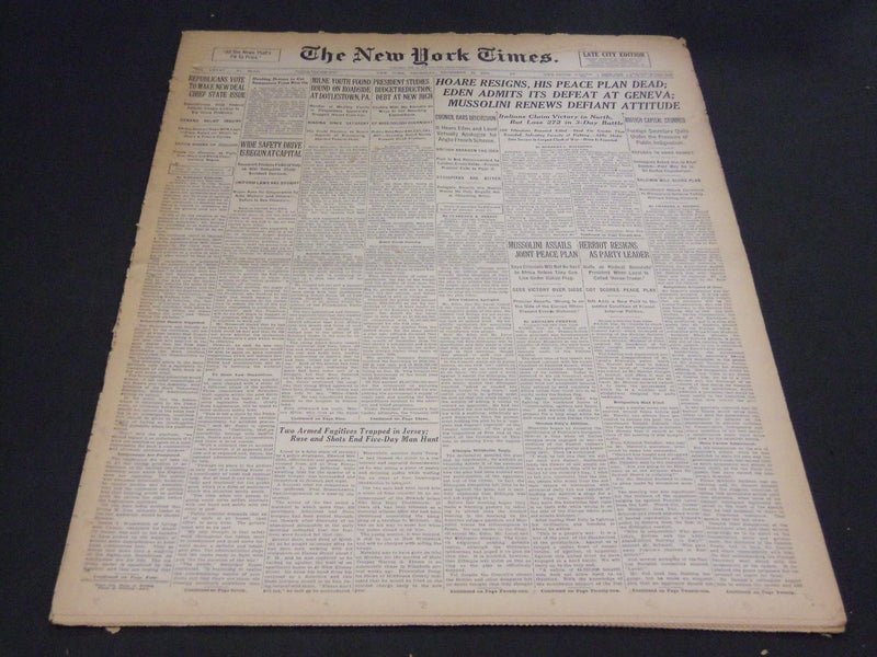 1935 DEC 19 NEW YORK TIMES - HOARE RESIGNS, HIS PEACE PLAN DEAD - NT 4871