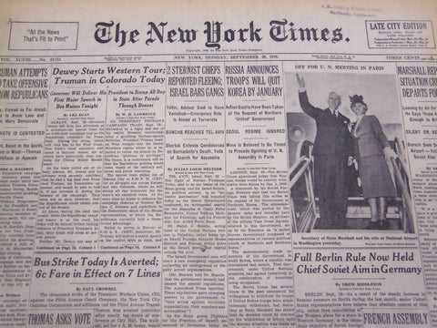 1948 SEPTEMBER 20 NEW YORK TIMES - DEWEY STARTS WESTERN TOUR - NT 4407