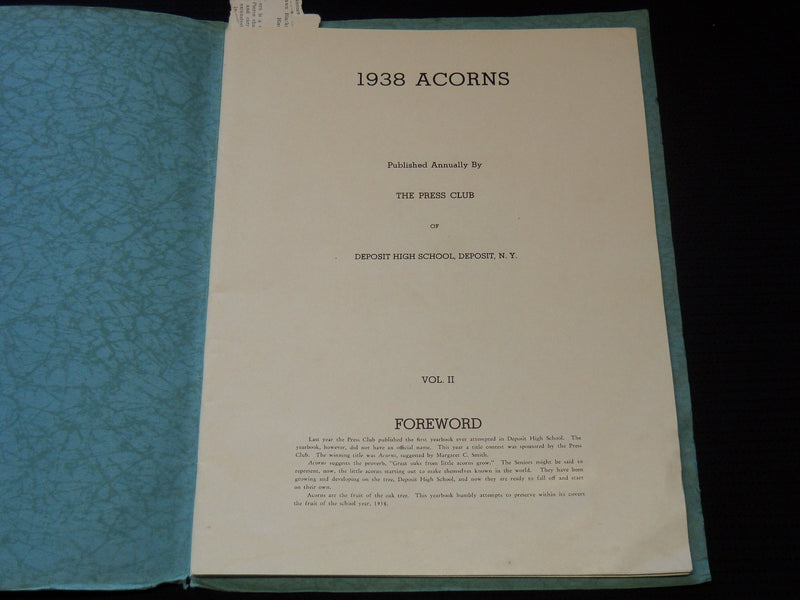 1938 ACORNS DEPOSIT HIGH SCHOOL YEARBOOK - SOFTCOVER - DEPOSIT NEW YORK - J 8030
