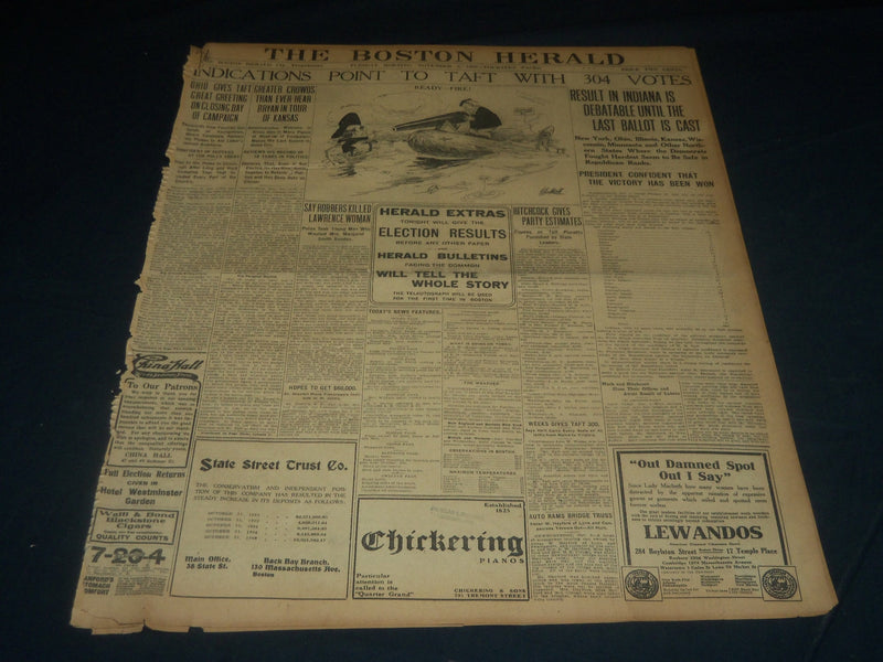 1908 NOV 3 THE BOSTON HERALD - INDICATIONS POINT TO TAFT WITH 304 VOTES - BH 240