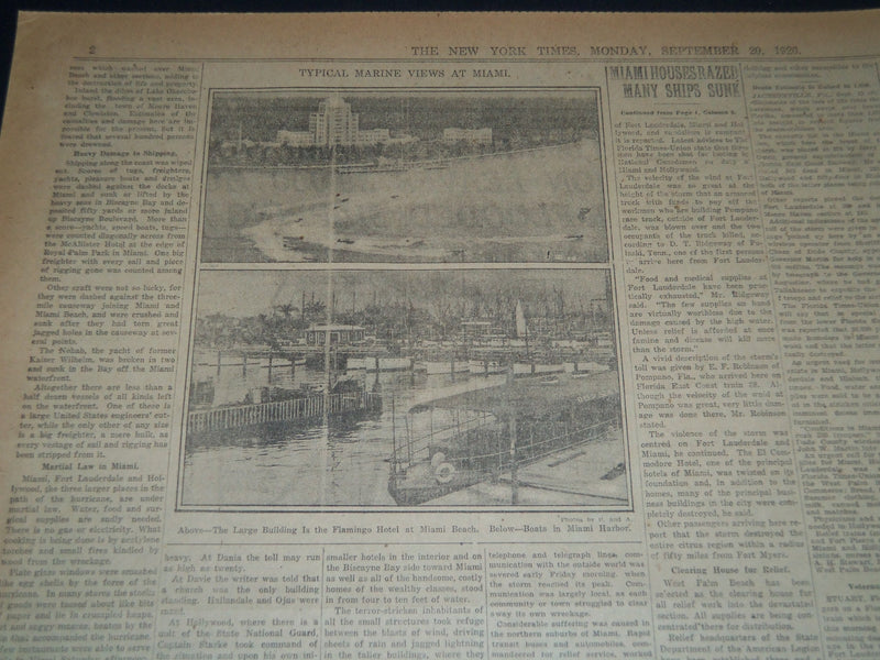 1926 SEPT 20 NEW YORK TKIMES NEWSPAPER - 1000 DEAD IN FLORIDA STORM - NT 7577