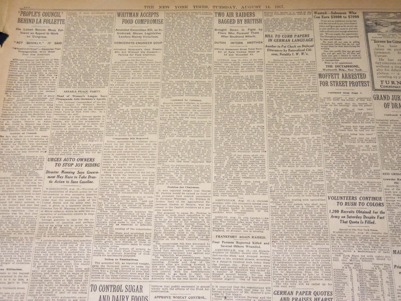 1917 AUGUST 14 NEW YORK TIMES NEWSPAPER - CROPSEY'S BOOM FIZZLES OUT - NT 8511