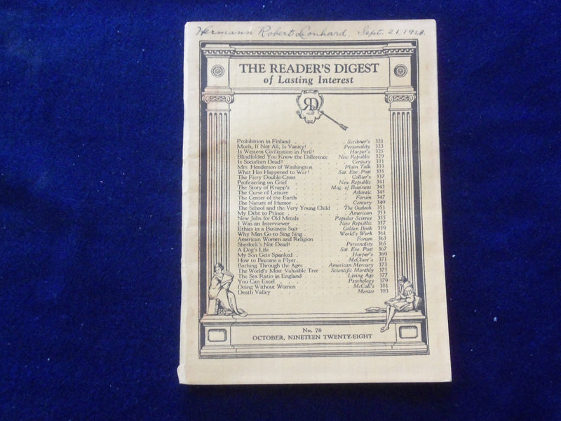 1928 OCTOBER THE READER'S DIGEST SOFTCOVER BOOK - NUMBER 78 - J 8439