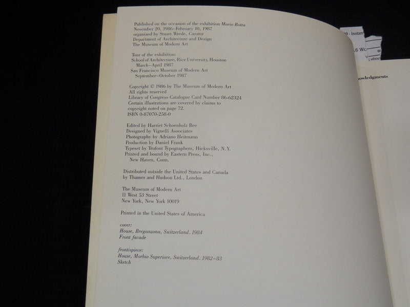 1986 MARIO BOHA EXHIBITION SOFTCOVER CATALOG - MUSEUM OF ART NEW YORK - K 2158