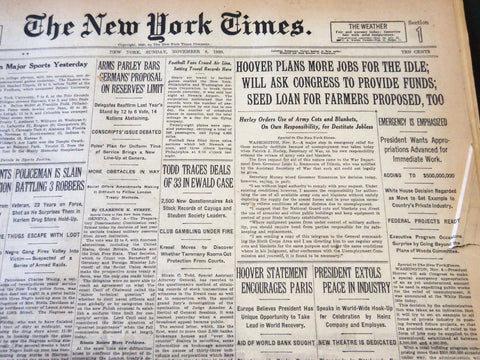 1930 NOVEMBER 9 NEW YORK TIMES - HOOVER PLANS MORE JOBS FOR THE IDLE - NT 5660